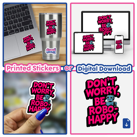 Don't Worry Be Robo-Happy Funny Quote: Collage featuring a laptop with a sticker of a cartoon robot. Available as stickers or digital artwork, perfect for personalizing devices.