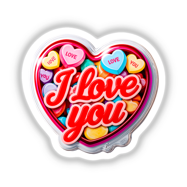 Heart-shaped candy container with I Love You message, available as stickers or digital artwork from Decal Venue, reflecting their unique collection of confectionery-themed designs.