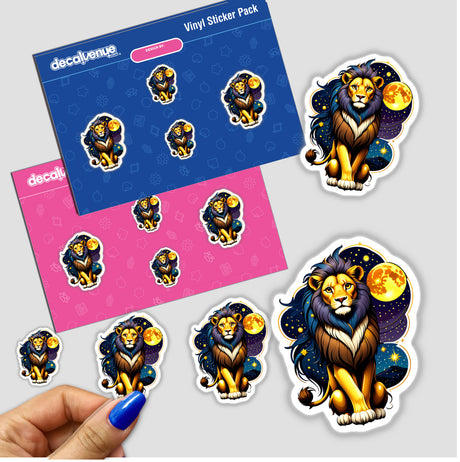 Cool Lion With A Starry Night sticker pack, featuring cartoon lions with colorful manes, held in a hand, showcasing unique designs available as stickers or digital artwork from Decal Venue.