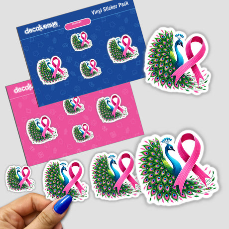 Sticker pack featuring Pink Ribbon Peacock Breast Cancer designs, including peacocks adorned with pink ribbons, available as stickers or digital artwork.