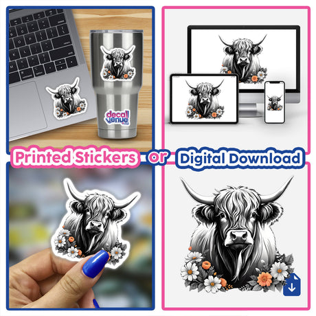 Highland Cow Floral Accents PA03 stickers displayed on various surfaces, including laptops and hands, showcasing detailed cow illustrations with horns and flowers, available as stickers or digital artwork.