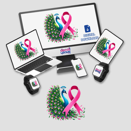 Pink Ribbon Peacock Breast Cancer design displayed on a computer monitor and laptop screen, showcasing unique digital artwork available as stickers or digital downloads from Decal Venue.