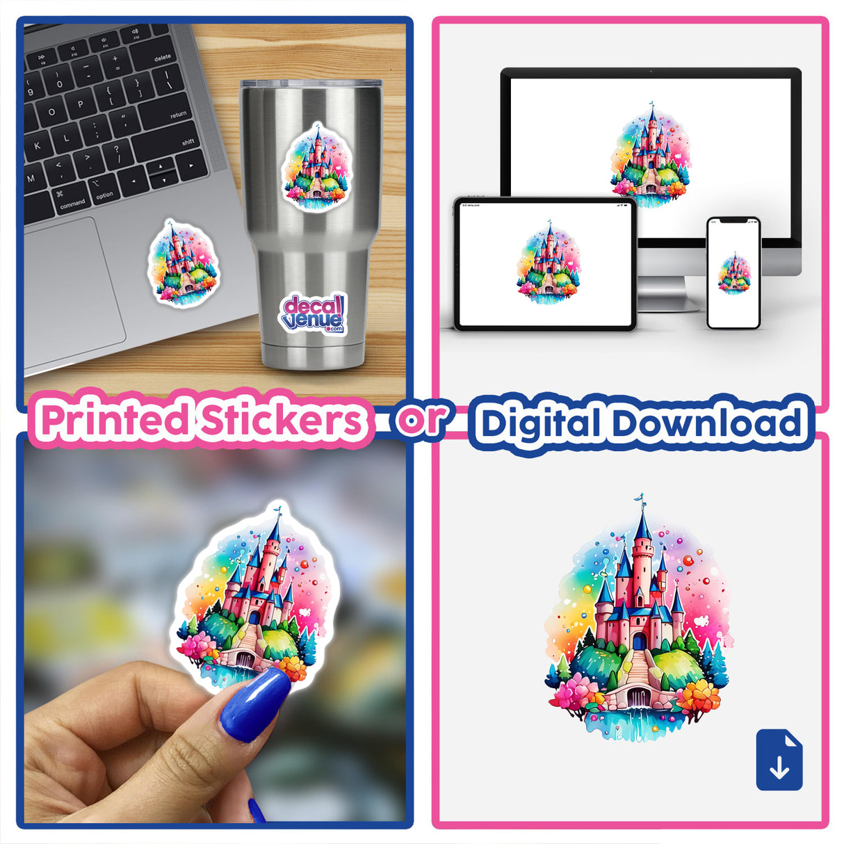 Whimsical French Castle Sticker - Floral Rainbow Kawaii Design displayed on a laptop, cup, and as a cartoon castle, highlighting its versatility as both stickers and digital artwork.