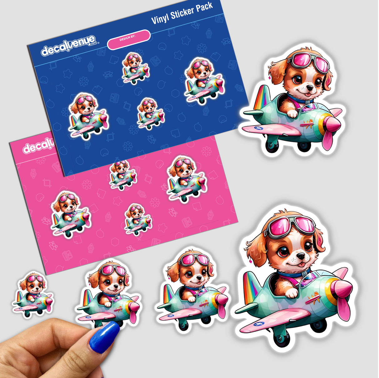 Adorable Puppy Pilot: Flying Pink Vintage Airplane Sticker Design, featuring multiple stickers of a cartoon dog in a plane, with a close-up of a hand holding one sticker.