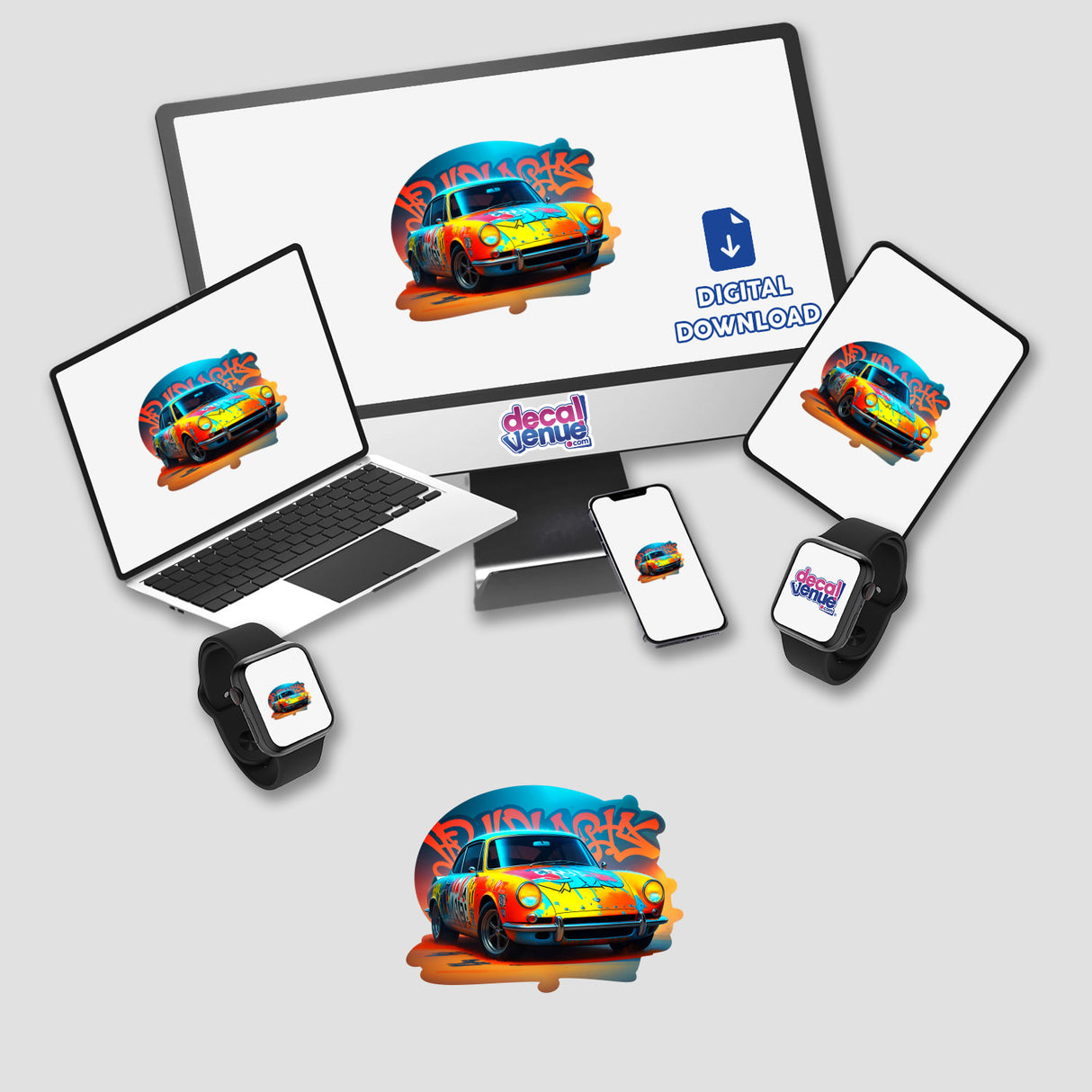 A Classic Graffiti Car design displayed on a laptop and monitor, showcasing vibrant street art style. Available as stickers or digital artwork, perfect for Decal Venue's unique collection.