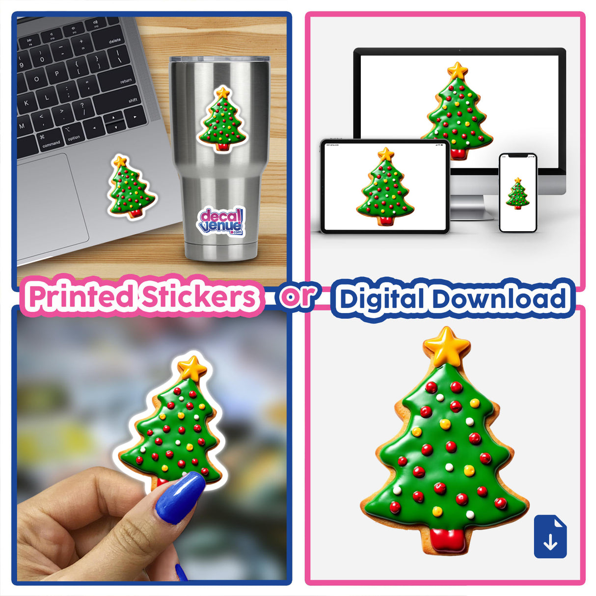 Festive Christmas Tree Decorated Cookie Design sticker or digital artwork featuring a green, tree-shaped cookie adorned with a star and red dots.