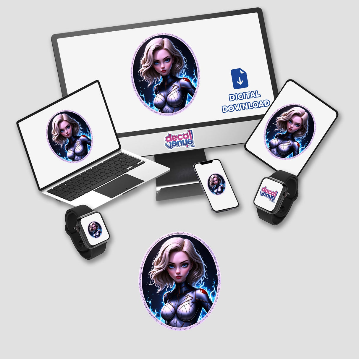 A Cute Anime Superhero Girl displayed on a laptop and monitor, available as stickers or digital artwork from Decal Venue. The image showcases a cartoon character in a dynamic pose.