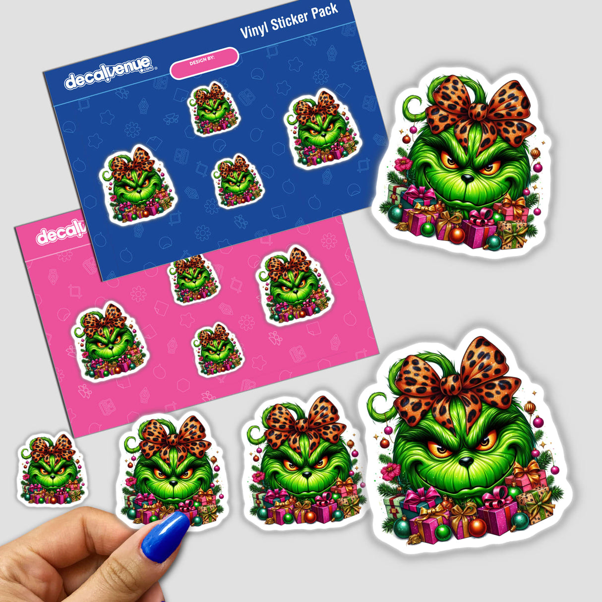 Leopard Bow Christmas Green Grouch Pumpkin Face sticker pack featuring hand-held green cat and cartoon characters with bows and presents.