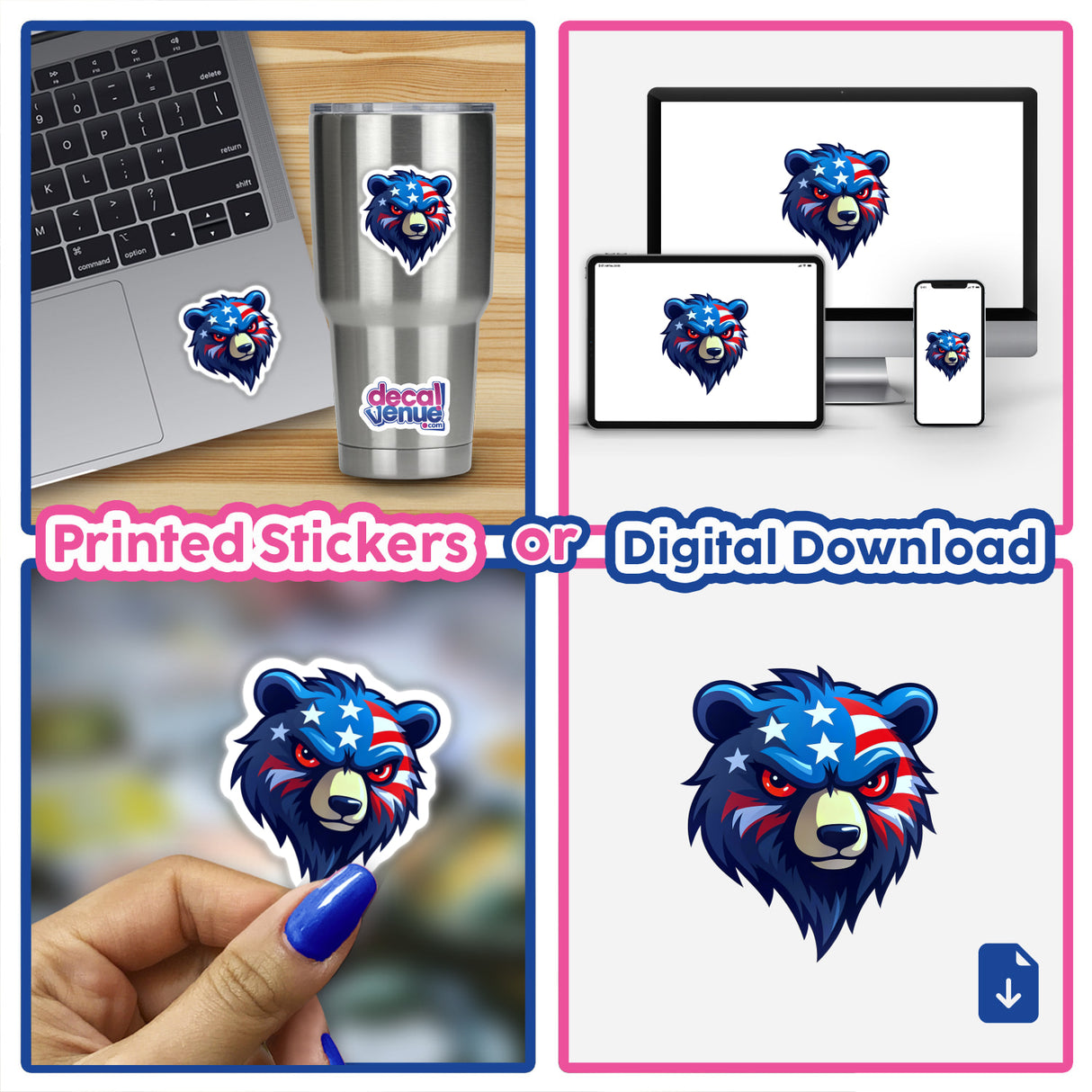 Collage featuring A Cool American Flag Bear sticker on a laptop, showcasing its unique design, ideal for decoration. Available as stickers or digital artwork from Decal Venue.