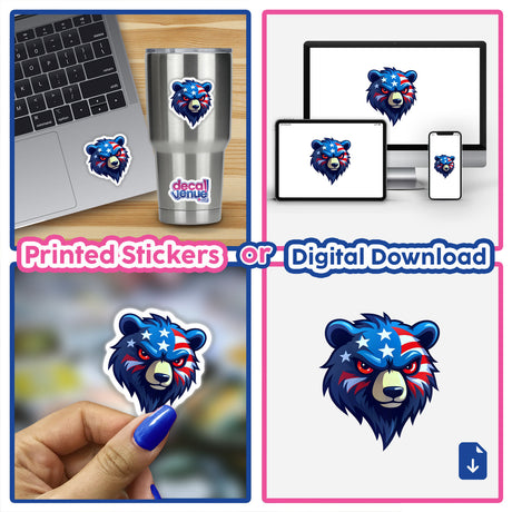 Collage featuring A Cool American Flag Bear sticker on a laptop, showcasing its unique design, ideal for decoration. Available as stickers or digital artwork from Decal Venue.