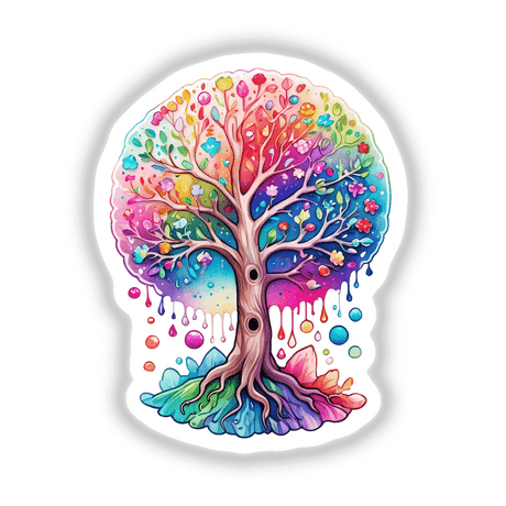 Tree of Life Watercolor: Rainbow Floral Splash depicts a vibrant tree with a hole, featuring intricate designs, available as stickers or digital artwork.