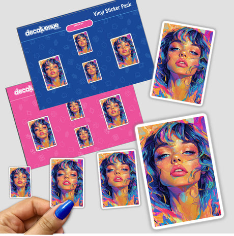 Beautiful woman sticker featuring a woman's face with colorful hair and pink lips, capturing a vibrant and artistic expression, available as a unique sticker or digital artwork from Decal Venue.