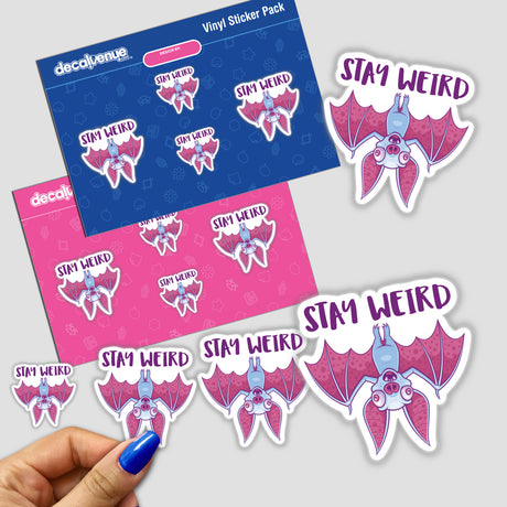 Stay Weird Quirky Albino Vampire Bat Cartoon sticker, featuring a playful cartoon bat design, ideal for decorating surfaces or as digital artwork, available from Decal Venue.