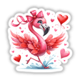 Fluttering in Love Pink Flamingo: A charming illustration featuring a pink flamingo adorned with hearts and balloons, available as unique vinyl stickers or digital artwork from Decal Venue.