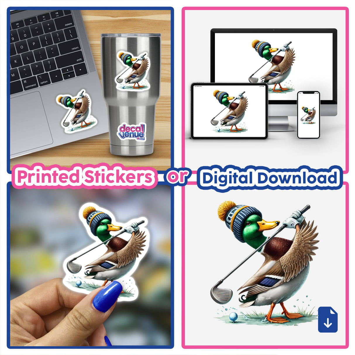 Golfing in Winter Mallard Duck: A cartoon sticker showing a duck in a hat holding a golf club, available as unique vinyl stickers or digital artwork from Decal Venue.