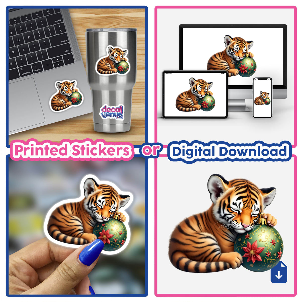 Tiger cub sleeping on a Christmas ornament, depicted in a cartoon style. Available as stickers or digital artwork, capturing a playful and festive theme for Decal Venue's unique collection.