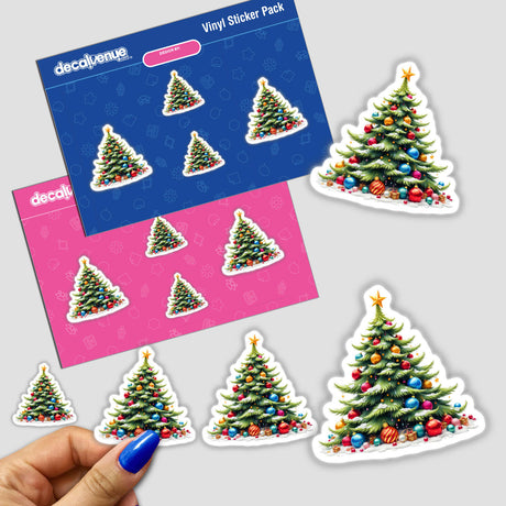 Watercolor Christmas Tree with Ornaments sticker, detailed close-up showcasing festive holiday design, available as either stickers or digital artwork.