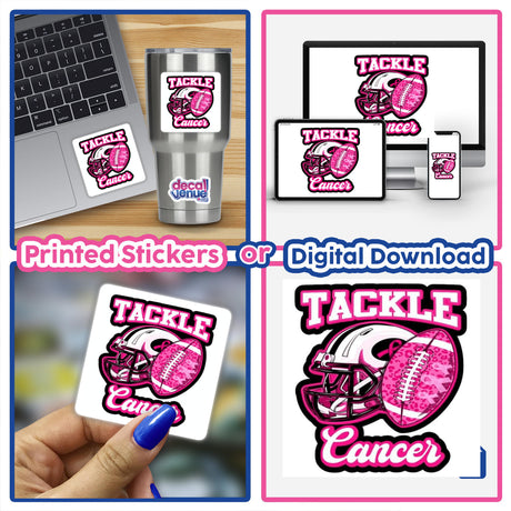 Gold Breast Cancer Series 5 sticker collage featuring sports decals, a laptop with a sticker, a person holding a sticker, and a pink football helmet and ball. Available as stickers or digital artwork.