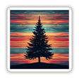 Christmas Tree Silhouette with Dynamic Stripes, featuring a lone spruce on a hill at sunset, available as stickers or digital artwork.