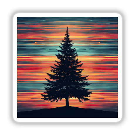 Christmas Tree Silhouette with Dynamic Stripes, featuring a lone spruce on a hill at sunset, available as stickers or digital artwork.