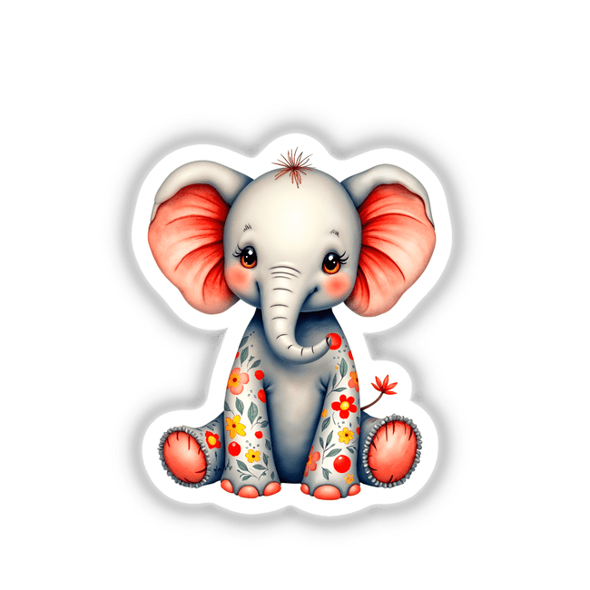 Cute Elephant With Flowers: A cartoon illustration of an elephant adorned with floral patterns, available as unique stickers or digital artwork.