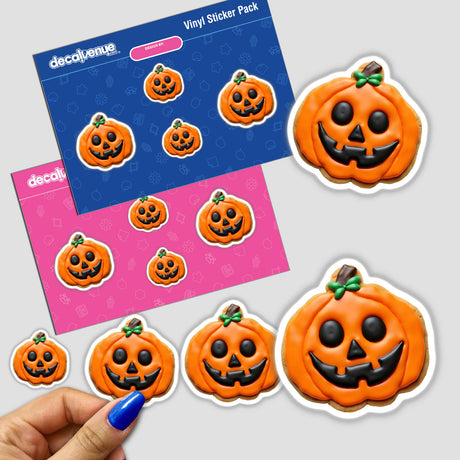 Pumpkin Shaped Cookie with Orange Icing and Black Jack-o-Lantern Face, available as stickers or digital artwork, featuring a whimsical, smiling design.