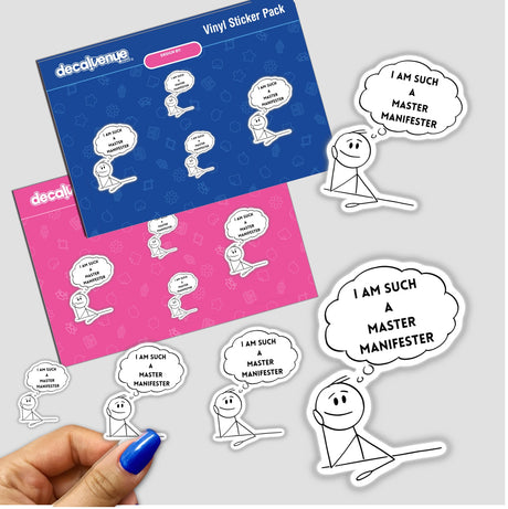 Master Manifester Stick Figure stickers featuring cartoon designs and thought bubbles, available as physical stickers or digital artwork, perfect for expressing creativity from Decal Venue.