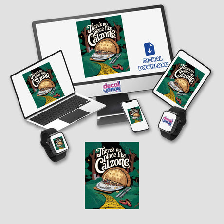 There’s No Place Like Calzone parody sticker, featuring a taco image on multiple digital devices, aligns with Decal Venue's unique sticker and digital art collection for National Calzone Day.