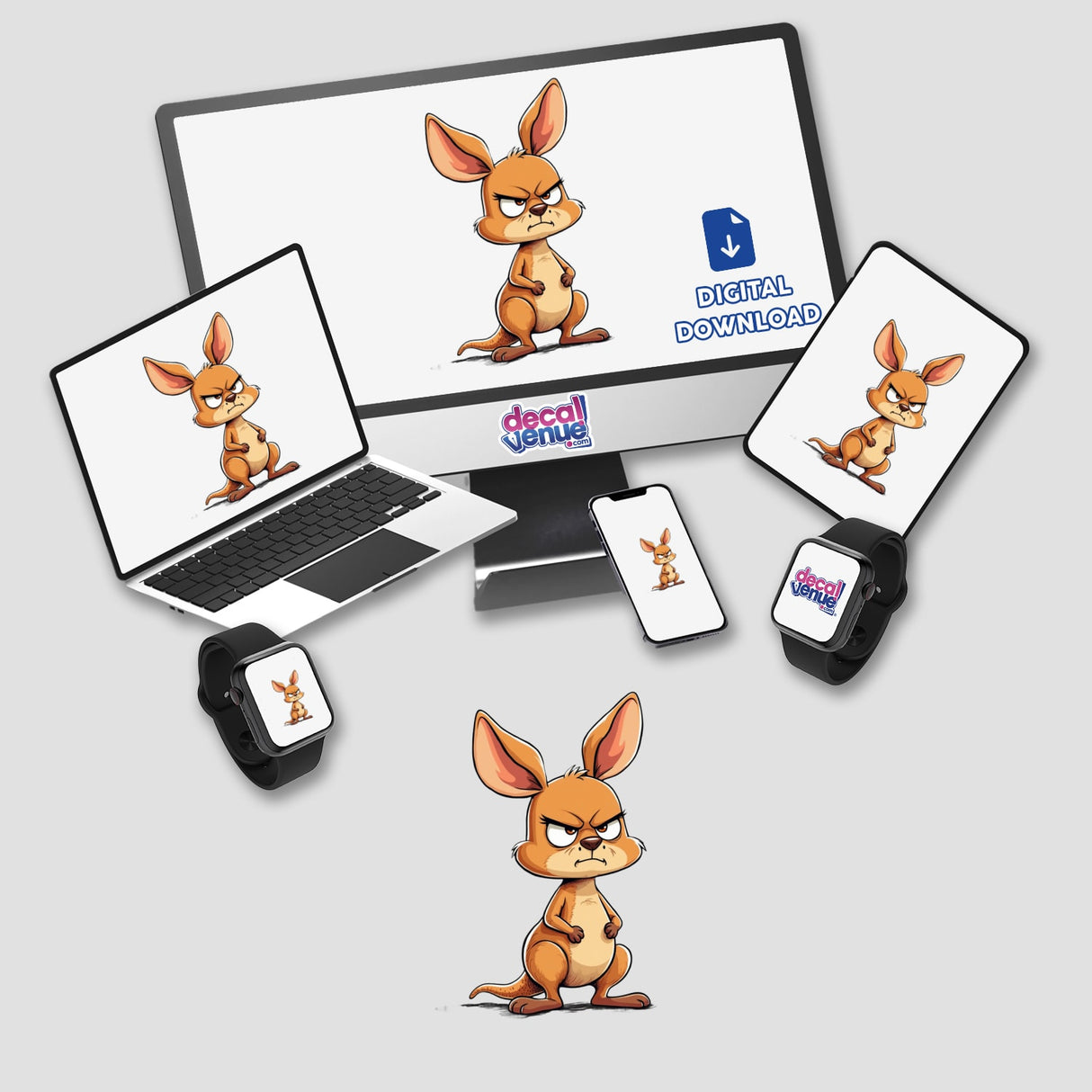 Grumpy Cartoon Kangaroo with Big Ears and Folded Arms displayed on various devices including a laptop, monitor, and tablet. Available as Stickers or Digital Artwork from Decal Venue.