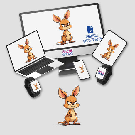 Grumpy Cartoon Kangaroo with Big Ears and Folded Arms displayed on various devices including a laptop, monitor, and tablet. Available as Stickers or Digital Artwork from Decal Venue.