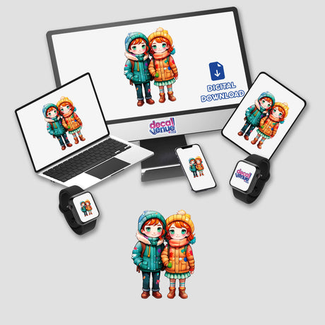 Kawaii LGBTQ Couple in Winter Wear Sticker featuring two cartoon characters on a computer monitor and laptop screen, depicting a cozy winter scene. Available as stickers or digital artwork.