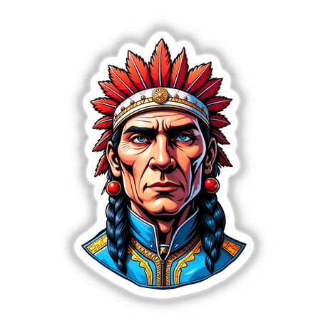 A cartoon of a Native American Warrior Chief wearing a red feathered headdress, available as stickers or digital artwork from Decal Venue.