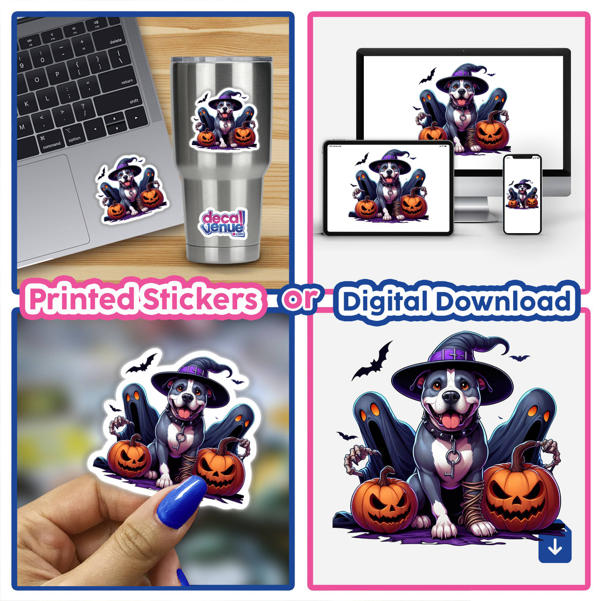 Halloween Witchy Pitbull Dog and Ghosts - Digital Artwork for Stickers or Downloads