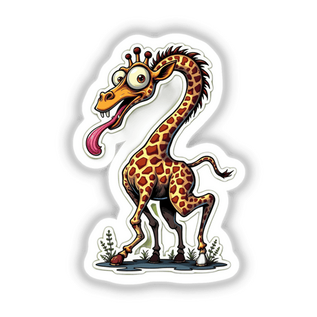 Girafa Corcunda cartoon giraffe with long neck and tongue sticking out, available as stickers or digital artwork from Decal Venue.