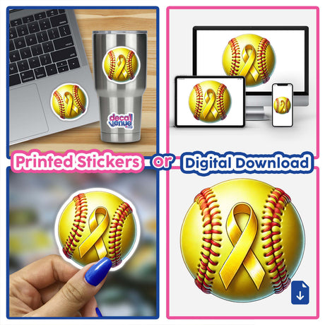 Yellow Ribbon Softball Childhood Cancer Awareness collage featuring yellow ribbon-adorned softballs, highlighting close-ups and various angles. Available as stickers or digital artwork from Decal Venue.