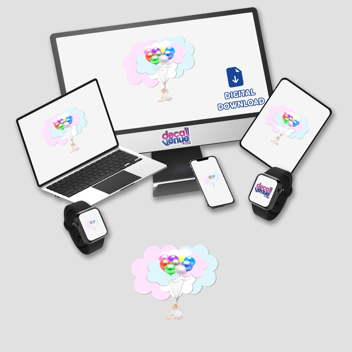 Baby Boy With Balloons In Clouds depicted on a laptop screen, surrounded by various electronic devices like a tablet and smartphone, available as unique stickers or digital artwork from Decal Venue.