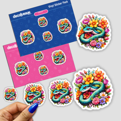 Serpentine Bloom: Snake intertwined with sparkling flowers, depicted in detailed stickers available at Decal Venue.