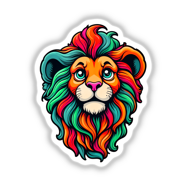 A Cute Little Lion illustration, available as stickers or digital artwork, featuring a vibrant cartoon lion head, perfect for adding a whimsical touch to your collection from Decal Venue.