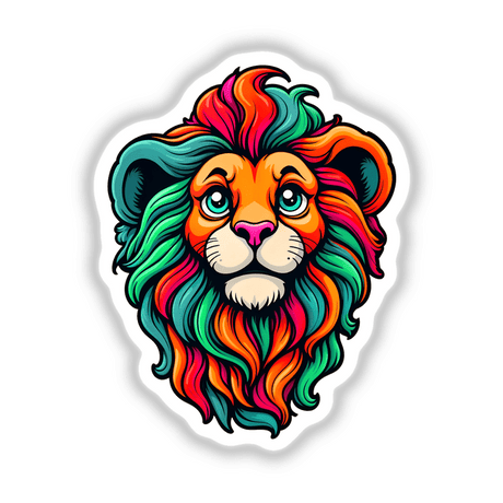 A Cute Little Lion illustration, available as stickers or digital artwork, featuring a vibrant cartoon lion head, perfect for adding a whimsical touch to your collection from Decal Venue.