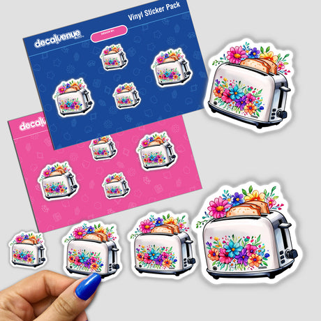 Blossoming Breakfast: Cute Toaster with Floral Splash sticker pack featuring a whimsical cartoon toaster adorned with colorful flowers, ideal for adding charm to your collection.