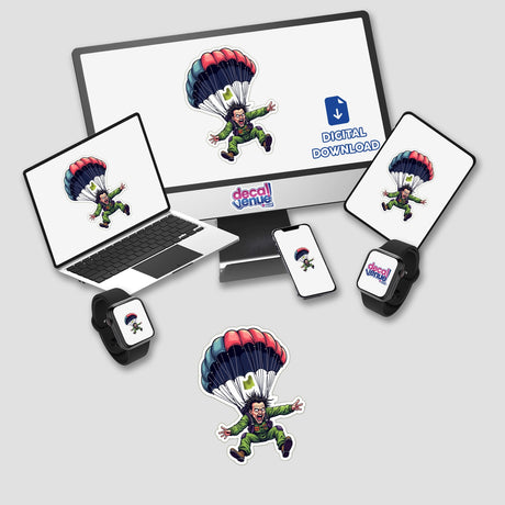 Paraquedista Muito Doidão sticker or digital artwork featuring a cartoon parachute jumper on a computer monitor and laptop screen.