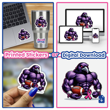 Muscular Purple Raven Bird Football Breast Cancer Awareness sticker or digital artwork featuring a strong cartoon bird holding a football, promoting breast cancer awareness.