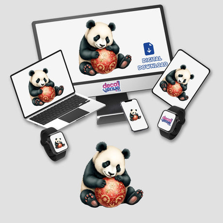 Panda Sleeping on Christmas Ornament displayed on a computer monitor and laptop screen, available as stickers or digital artwork from Decal Venue.