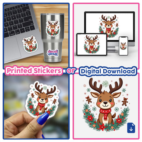 Adorable Reindeer Cartoon Festive Christmas stickers and digital artwork, featuring a reindeer with a scarf and flowers, displayed on a laptop and a cup, highlighting Decal Venue's unique collection.