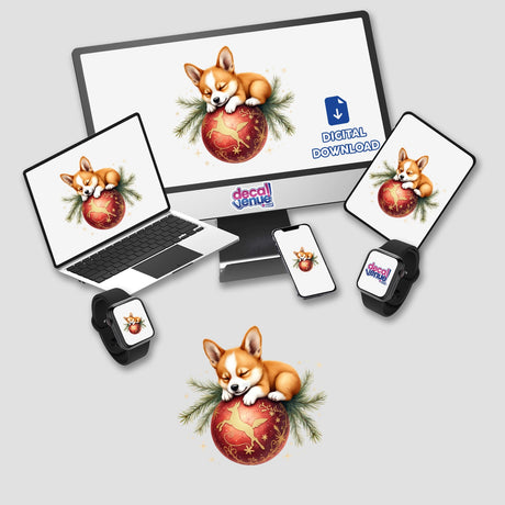 Cute Corgi Sleeping on Christmas Ornament depicted on a computer monitor and laptop screen, available as stickers or digital artwork.