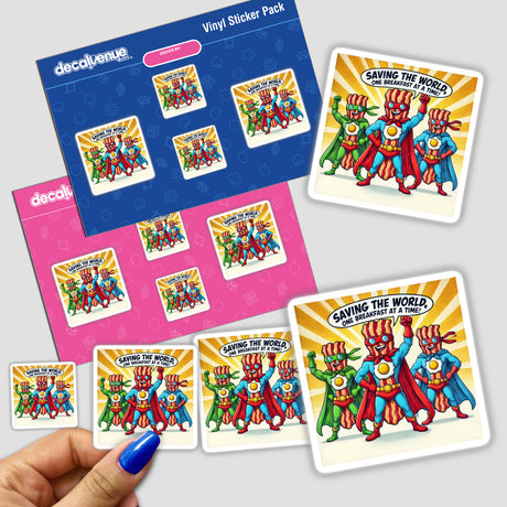 Bacon Brigade sticker featuring cartoon bacon characters in superhero attire, available as both stickers and digital artwork.