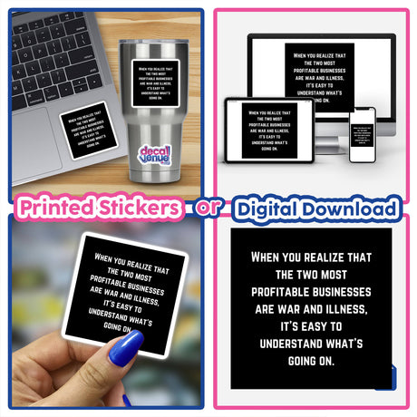 War and Illness Profitable Business Quote Sticker – Nicole Sirotek Tweet Clipart shown on a laptop, available as stickers or digital artwork with commercial rights.