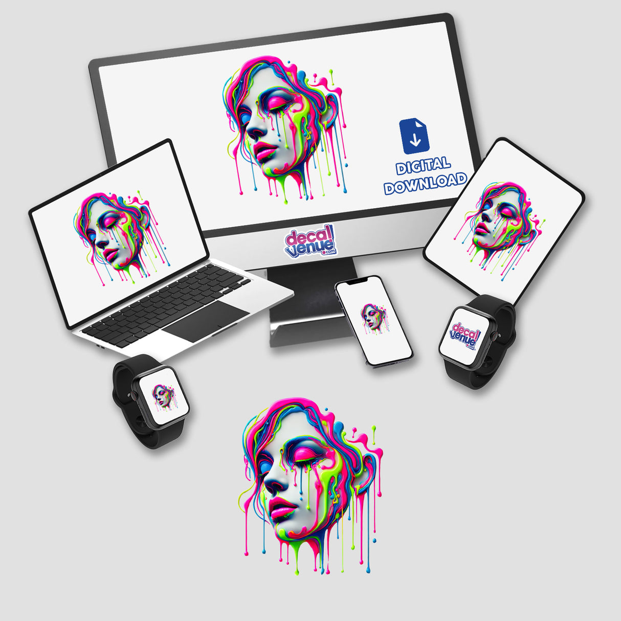 Psychedelic Neon Drip Face - Vibrant Surreal Melting Woman displayed on a computer monitor and laptop, showcasing colorful digital artwork and stickers, reflecting Decal Venue's unique artistic style.