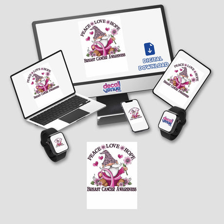 Gold Breast Cancer Series 8: A compilation featuring a laptop, computer screen, and smartwatch displaying gnomes, pink ribbons, and cartoon characters, available as stickers or digital artwork.