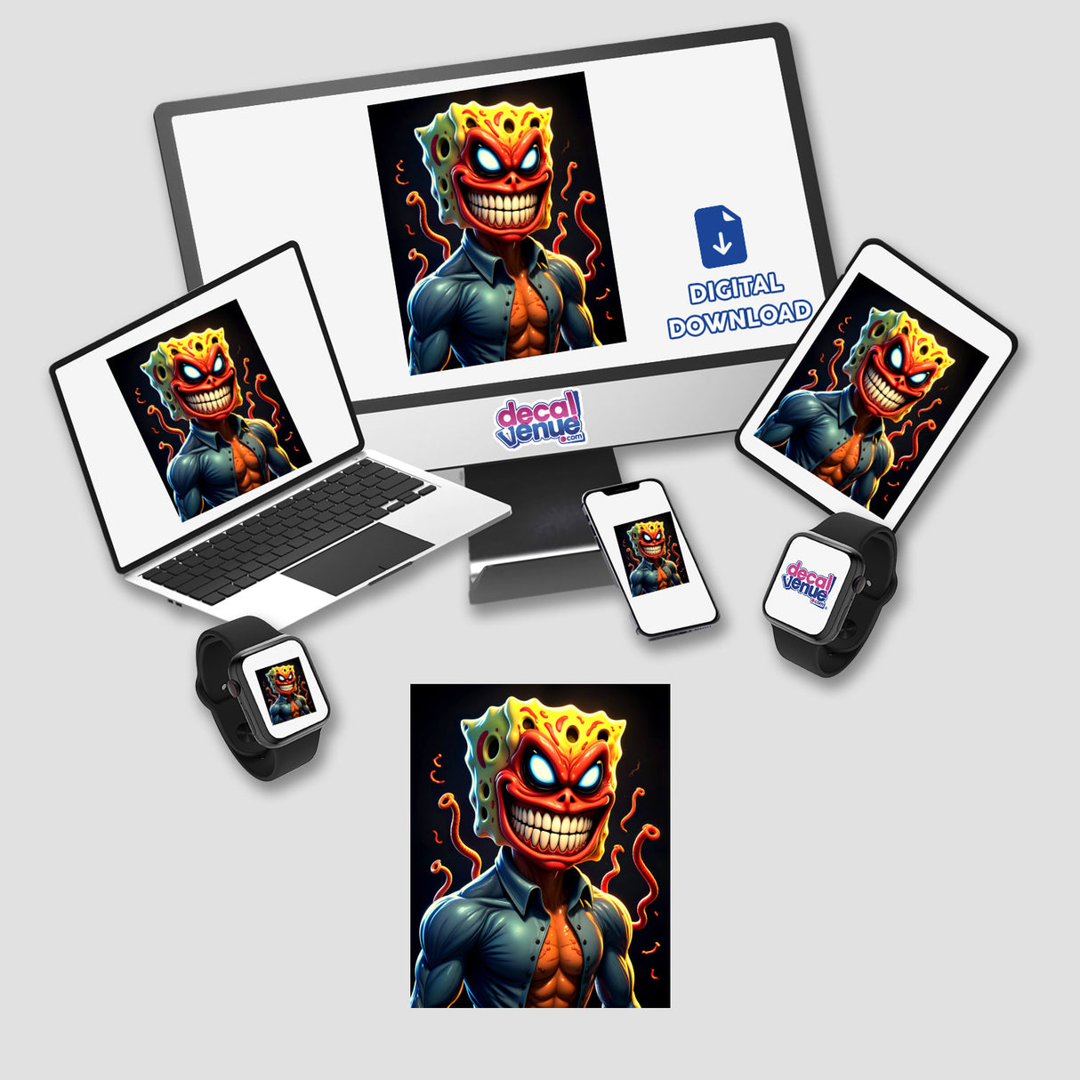 Alien Mutant Superhero Villain displayed on a laptop and various digital devices, showcasing its availability as stickers or digital artwork.